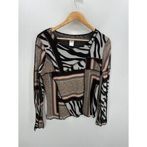 OOLALA Shirt Women Geometric Mesh Long Sleeve Rave Size Large Grunge Artsy